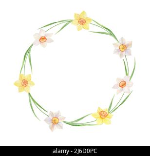 Acquerello corona di naffodils gialli e bianchi. Illustrazione dipinta a mano con fiori di primavera isolati su sfondo bianco, cornice per invito Foto Stock