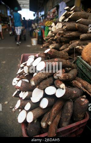 salvador, bahia, brasile - 30 aprile 2022: Aipim - manioca o manioca per la vendita al Sao Joaquim fiera nella città di Salvador. Foto Stock