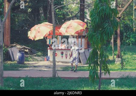 Un chiosco per bevande nella giungla in una calda giornata di sole. Alipur Zoological Garden, Kolkata, West Bengala, India South Asia 22 aprile 2022 Foto Stock