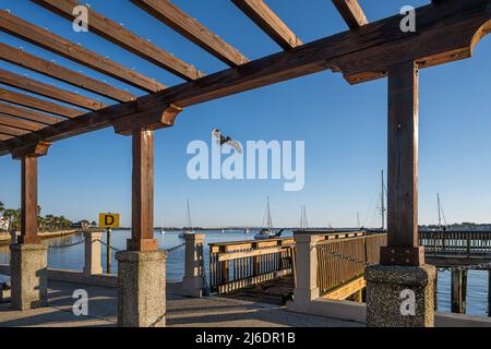 Lungomare e molo lungo il lungomare di Matanzas Bay nella città vecchia di St. Augustine, Florida. (USA) Foto Stock