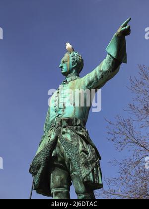 Statua storica di Re Carlo XII del 1868 a Stoccolma, con un gabbiano di aringa. Foto Stock