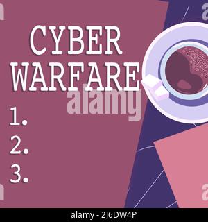 Didascalia concettuale Cyber Warfare. Business Overview Virtual War Hackers attacchi al sistema il ladro digitale Stalker offee Cup seduto sulla scrivania con notebook Foto Stock