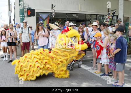 (220501) -- HOUSTON, 1 maggio 2022 (Xinhua) -- gli artisti di danza del Leone interagiscono con la gente durante il Festival International de Louisiane a Lafayette, Louisiana, Stati Uniti, il 30 aprile 2022. Festival International de Louisiane è un festival internazionale di musica e arti all'aperto, che celebra la sua cultura nativa e rende il legame con le culture globali, sviluppando un apprezzamento per la musica e le arti (Foto di LAN Wei/Xinhua). Foto Stock