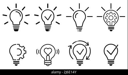 Set di icone lineari della lampadina. Idee e icona di processo in stile piatto. Lampadina con ingranaggio, segno di spunta e icona con frecce. Concetto di implementazione. Vettore illu Illustrazione Vettoriale