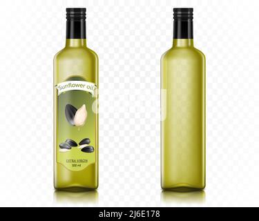 Boccale in vetro con olio di girasole. Vasetto di olio extra vergine. Prodotto da cucina alimentare, dieta vegetariana biologica. Vaso di marca con olio vegetale e sughero nero. Reali Illustrazione Vettoriale