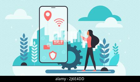 Realtà virtuale e tecnologia AR. Donna minuscola con icone di applicazione e informazioni sullo schermo del telefono, esperienza futuristica e moderna comunicazione flat vettore illustrazione. VR, concetto di app mobile Illustrazione Vettoriale
