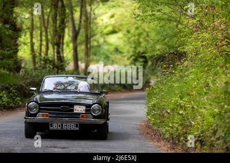 Triumph TR6 partecipa alle classiche auto primaverili Rotary Club beneficenza 'Wye Run' attraverso il Galles e la Wye Valley. Foto Stock