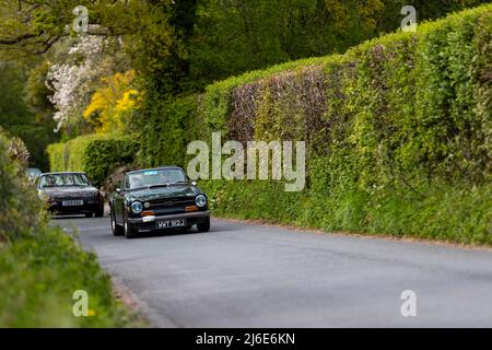 Triumph TR6 partecipa alle classiche auto primaverili Rotary Club beneficenza 'Wye Run' attraverso il Galles e la Wye Valley. Foto Stock