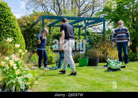 i bambini aiutano i loro nonni in giardino in una giornata di primavera soleggiata. Foto Stock