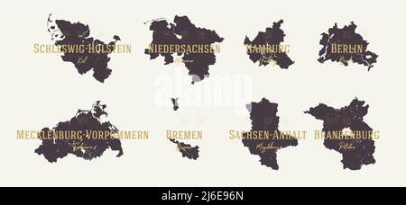 Set 1 di 2 mappe molto dettagliate sagome vettoriali stati della Germania con nomi e capitali Illustrazione Vettoriale