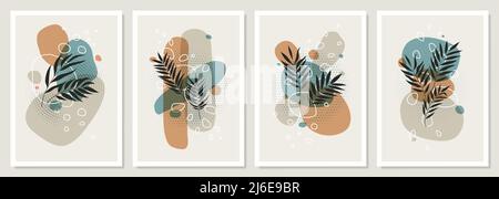 Collage set di foglie tropicali e forme geometriche colorate, Abstract pastello disegno d'arte scandinavo, può essere utilizzato come volantino, poster, copertina, soc Illustrazione Vettoriale
