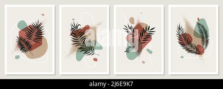 Manifesti minimalisti con forme e foglie tropicali in colori pastello, set di composizioni alla moda stile collage contemporaneo, decorazione di arte da parete, postc Illustrazione Vettoriale