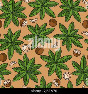 Motivi senza giunture con palme e noci di cocco. Sfondo vettoriale tropicale con oggetti isolati. Illustrazione Vettoriale