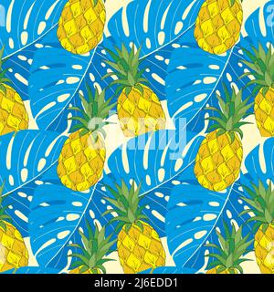 Modello estivo con foglie di ananas e mostera blu. Illustrazione vettoriale Illustrazione Vettoriale