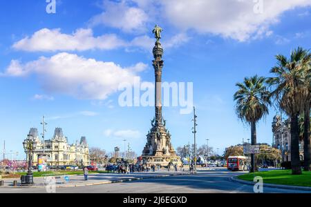 Barcellona, Spagna. Il monumento di Colombo o il Colon (Mirador de Colom) è un monumento di 60 m di altezza a Cristoforo Colombo Foto Stock