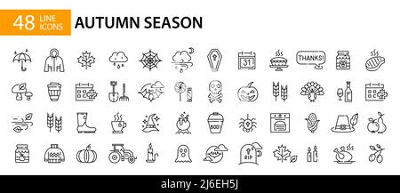 48 icone della stagione autunnale. Simboli di ringraziamento, raccolto e Halloween. Pixel Perfect, grafica della linea di traccia modificabile Illustrazione Vettoriale
