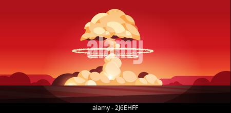 esplosione nucleare crescente fuoco di nube di funghi atomici nel deserto apocalipce detonazione distruzione pericolosa fermare la guerra Illustrazione Vettoriale