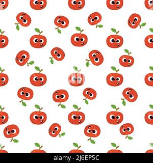 Fruit baby cartoon senza cuciture pattern. Personaggio Apple con simpatico motivo facciale. Cibo di base per i bambini indossare o giocattoli Illustrazione Vettoriale