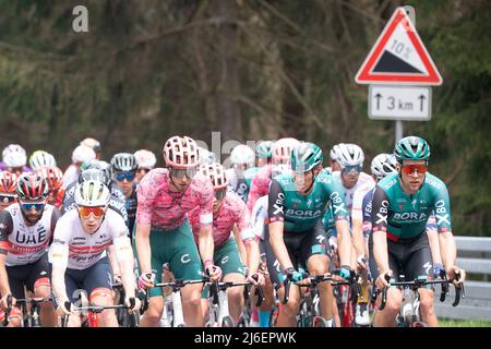 01 maggio 2022, Hessen, Schmitten: Ciclismo: UCI WorldTour - Eschborn - Francoforte (185 km). Al Feldberg. Nils Politt (2nd da destra) aus Germania dal Team Bora - hansgrohe corre nel peloton. Foto: Sebastian Gollnow/dpa Foto Stock