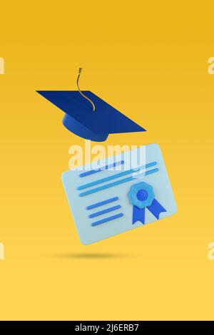 Diploma e mortarboard isolato su sfondo giallo. 3d illustrazione. Foto Stock