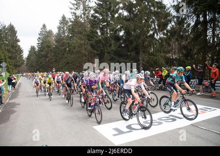 01 maggio 2022, Hessen, Schmitten: Ciclismo: UCI WorldTour - Eschborn - Francoforte (185 km) a Feldberg. I cavalieri si arrampicano sul Feldberg. Foto: Sebastian Gollnow/dpa Foto Stock