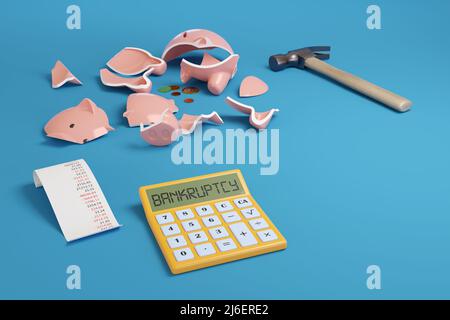 Calcolatrice con il testo fallimentare sul display accanto a una banca di Piggy rotto con spazio di copia. 3d illustrazione. Foto Stock