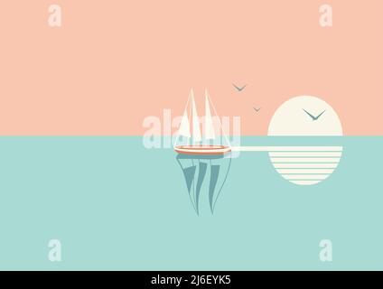 Barca a vela o galleggia in mare al tramonto Illustrazione Vettoriale