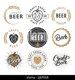 Set vettoriale di etichette di birra artigianale d'epoca, badge Illustrazione Vettoriale