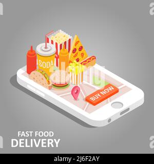 Illustrazione isometrica vettoriale di fast food online Illustrazione Vettoriale