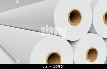 Gruppo di rotoli di carta bianca in fabbrica industriale per lo stoccaggio di fondo. Concetto di produzione e produzione. 3D rendering dell'illustrazione Foto Stock