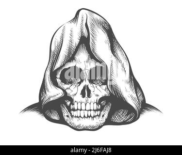 Tatuaggio del cranio in uno stile Hood Engraving isolato su bianco. Illustrazione vettoriale. Illustrazione Vettoriale