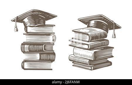Pila di libri con il disegno del cappuccio di graduazione. Studiare all'università, concetto di scuola. Illustrazione vettoriale vintage Illustrazione Vettoriale