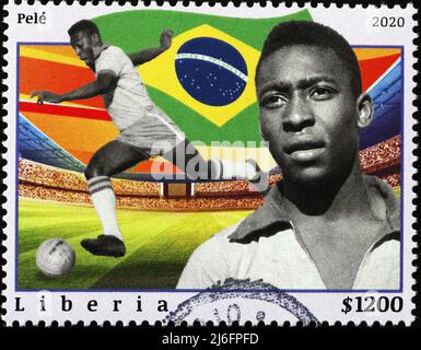 Ritratto di Pelé molto giovane su francobollo Foto Stock