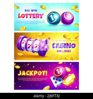Bandiere della lotteria con le sfere realistiche con i numeri di combinazione di vincita. Poster dei giochi d'azzardo con slot machine con jackpot fortunato di tre sette, poker d'oro e chip da casinò e monete lucenti volanti. Illustrazione Vettoriale