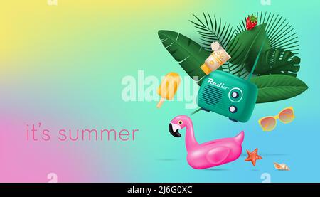 Banner estivo con vari elementi vettoriali in stile realistico 3D minimal Illustrazione Vettoriale