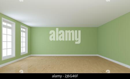 Bell'interno vuoto con pareti di colore verde chiaro, due finestre, parquet chiaro e un Plinesimo bianco. Vista prospettica. Rendering 3D di alta qualità con un percorso di lavoro su Windows. 8K Ultra HD, 7680 x 4320 Foto Stock