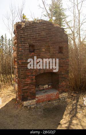 Old Brick Camino rimane nei boschi da un Old Ranch House. Foto Stock