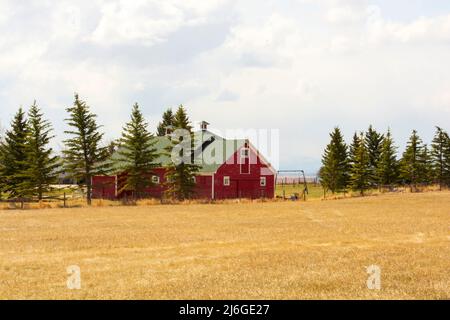 Casa ranch rosso con aspetto tradizionale sul ranch - fattoria. Foto Stock