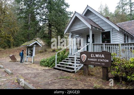 Un escursionista legge il bordo di informazioni alla stazione chiusa di Elwha Ranger nel Parco Nazionale Olimpico, Washington. L'area è stata influenzata ripetutamente da Foto Stock