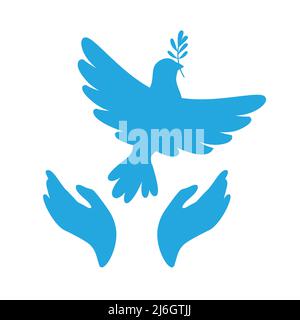 Simbolo di pace colomba in set di silhouette a mano. Colomba volante con cartello di ramo d'oliva, icona piccione. Libertà, cristiano, umanità emblema pacifico e nessun concetto di guerra. Elementi di design con logo semplici e isolati Illustrazione Vettoriale