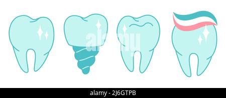Tooth icona sana, dentifricio medico, impianto dentale semplice linea set. Simbolo igiene odontoiatrica moderna, denti sani e puliti. Elemento di design ortodontico vettoriale per logo, app mobile per siti Web Illustrazione Vettoriale