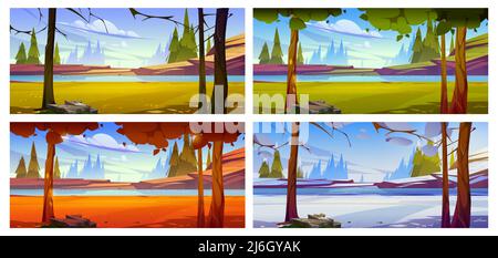 Cartoon natura paesaggio alberi, rocce e fiume o lago in primavera, estate, autunno e inverno. Scenario sfondo alle stagioni dell'anno con stagno e spruces scene naturali, illustrazione vettoriale, set Illustrazione Vettoriale