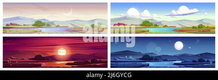Cartoon paesaggio naturale al mattino presto, giorno, tramonto sera e notte. Campo verde con laghetto, erba, rocce scenografie pittoresche, scene naturali tranquille, illustrazione vettoriale, set Illustrazione Vettoriale