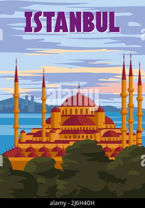Poster retrò di Istanbul, tramonto città Turchia, Noble Hagia Sophia Grande Moschea. Cartolina turistica d'epoca Illustrazione Vettoriale