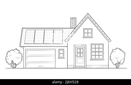 Casa di famiglia classica con pannello solare - illustrazione di un edificio Illustrazione Vettoriale