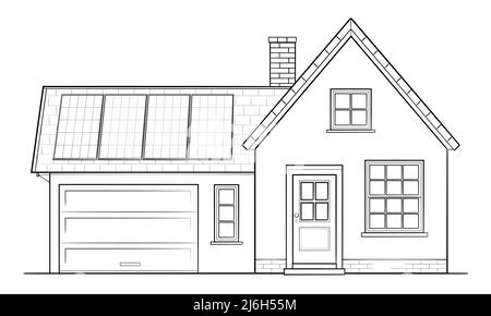 Casa di famiglia classica con pannello solare - illustrazione di un edificio Illustrazione Vettoriale