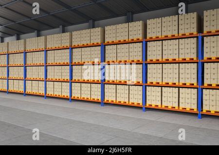 3D rendering rack pieno di scatole di cartone in magazzino Foto Stock
