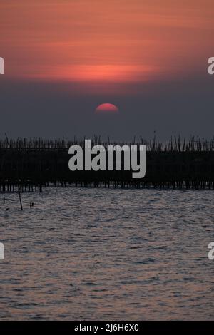 Tardo tramonto su fattoria acquatica per frutti di mare Foto Stock