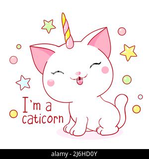 Carta carina in stile kawaii. Piccolo gatto unicorno con corno. Felice bianco gattino unicorno. Iscrizione sono un casticorno. Illustrazione vettoriale EPS8 Illustrazione Vettoriale