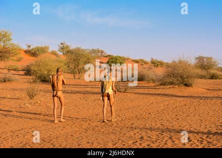 I Boscimani di San (Saan), cacciatori-raccoglitori indigeni semi-nomadi, hanno vissuto in Africa del Sud per 20.000 anni, deserto di Kalahari, Namibia, Africa Foto Stock